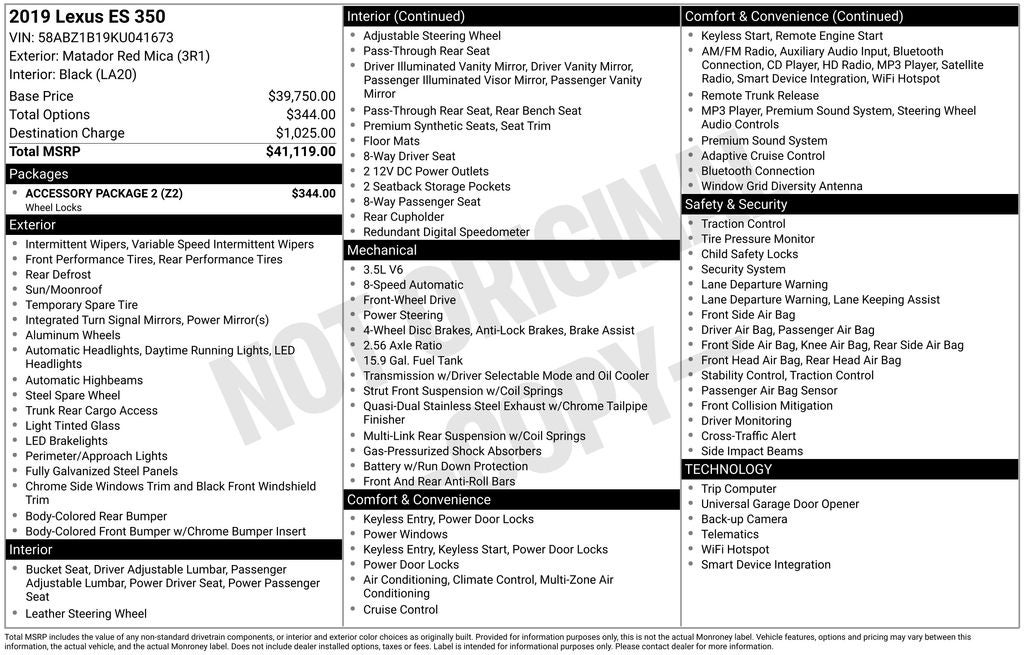 2019 Lexus ES 350 350